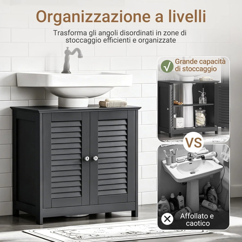 Mobile Bagno Sottolavabo - Mobiletto Bagno Salvaspazio con Mensole Regolabili, Mobile Lavabo in MDF, Antimuffa con Porta a Lamelle, per lavabo a terra, Grigio Scuro, 60x58x35cm, FRG237-II-DG