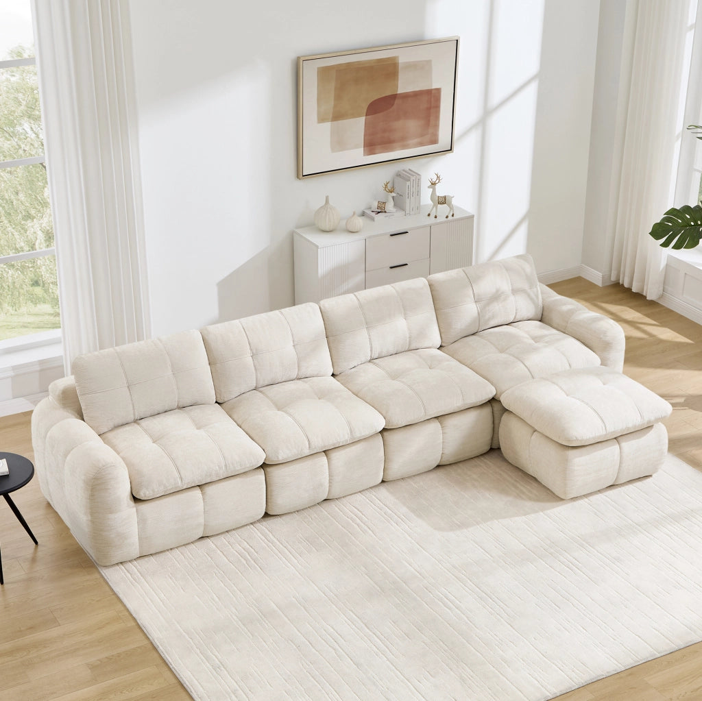 Divano modulare in chenille Beige; 334x160x68 cm