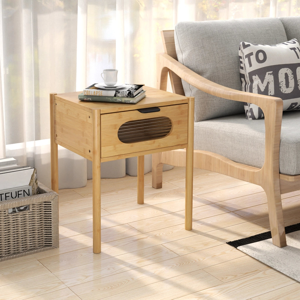 Comodino in bambù stile country con cassetto in vetro temperato design mid century-Tavolino da notte in bambù multifunzionale robusto
