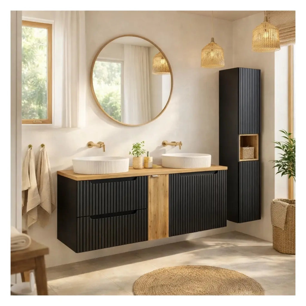 Insieme VANO 170cm: mobili sotto lavabo con nicchie a cassetti e armadietti + due lavabi da appoggio scanalati + colonna