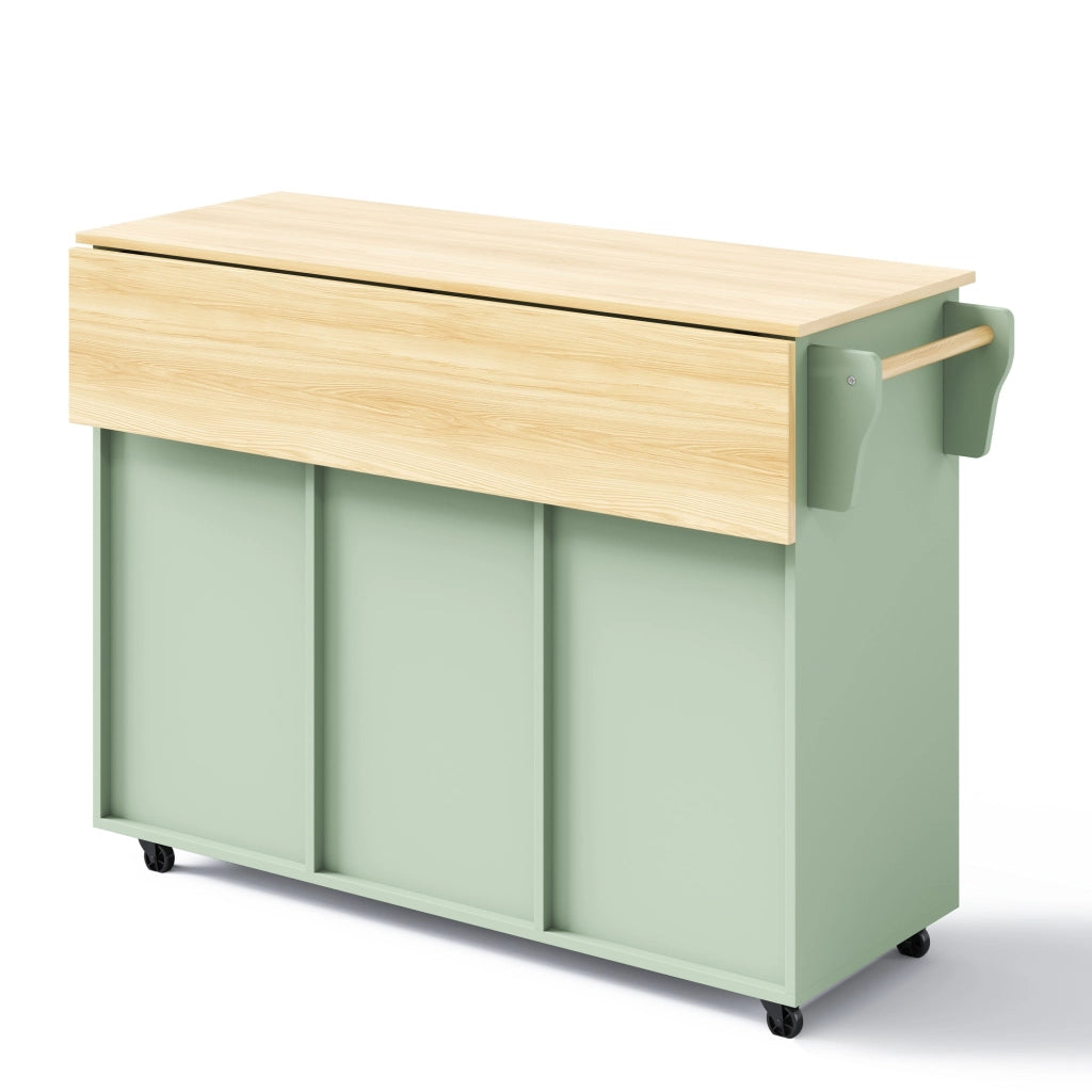 Isola Cucina Mobile 129x46/71x91,5 cm Verde Antico con Piano Ribaltabile, 2 Cassetti e 5 Ruote