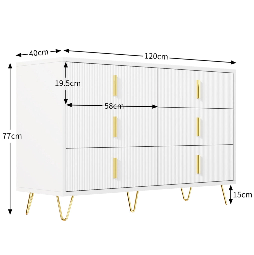 Sideboard bianco e oro 120x77x40 cm con 6 cassetti e design moderno