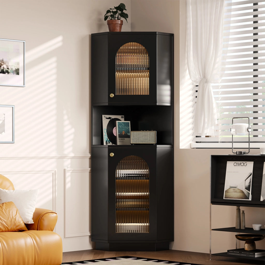 Armadietto da bagno angolare con LED e ripiani regolabili, 2 vani aperti, in MDF, nero, 45 × 45 × 166,5 cm