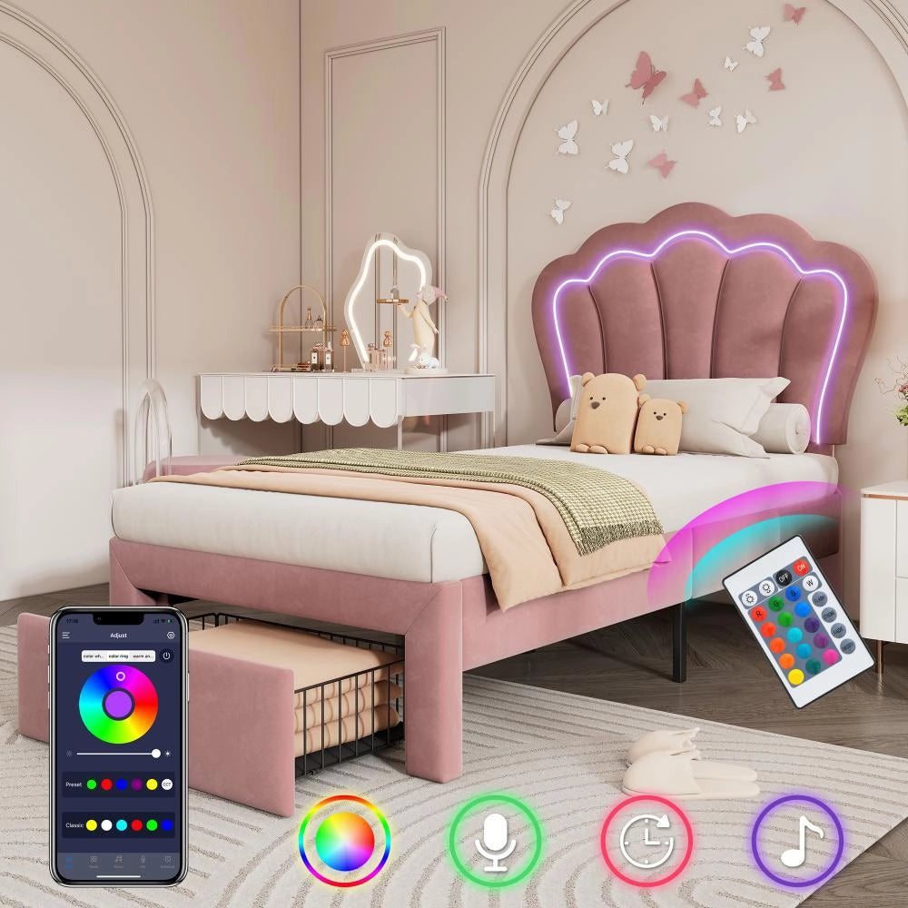 Letto a LED per bambini con cassetto - Xylo - 90x200 cm - Rosa - Controllo APP