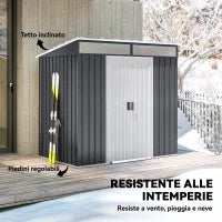 Casetta da Giardino Porta Attrezzi con 4 Finestre e 2 Ganci, in Acciaio Zincato, 195x122x181.5 cm, Grigio