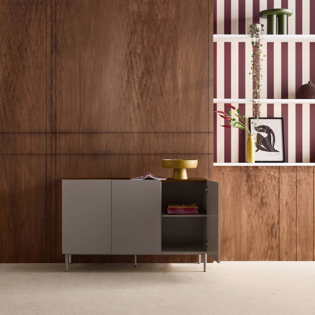 Credenza in metallo e decorazione in legno 3 ante, 120cm, grigio