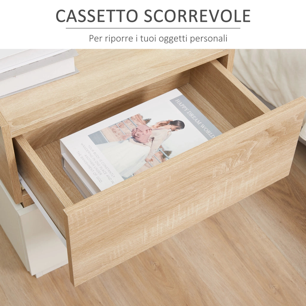 Comodino con 2 Cassetti ¨C Zephmum ¨C Bianco e Legno 50x40x47.5cm