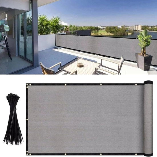 Schermo per balcone 0,9x5m – 185gsm HDPE con anelli in ottone e 50 nastri di fissaggio – tenda da sole per separazione di giardino e terrazza con superficie ruvida