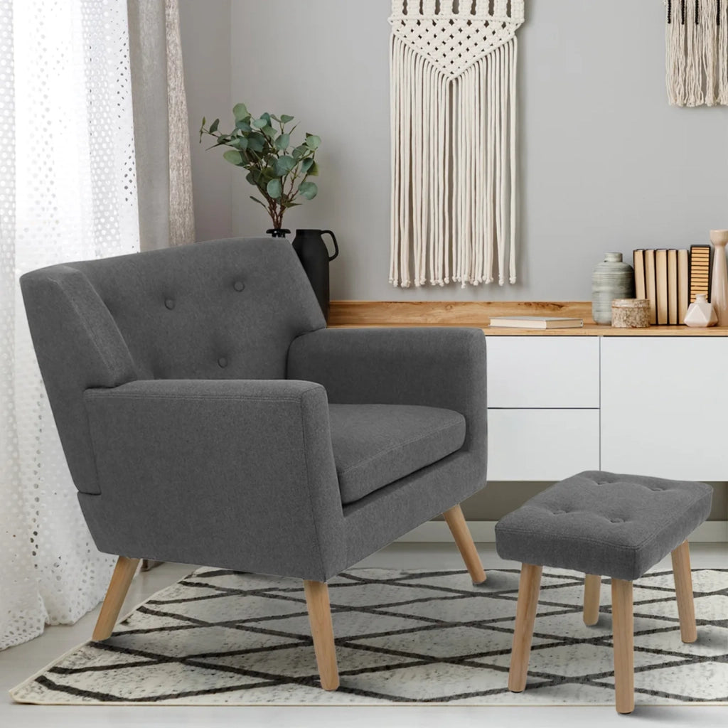 IDMarket - Sillón escandinavo LIV con reposapiés en tejido gris antracita