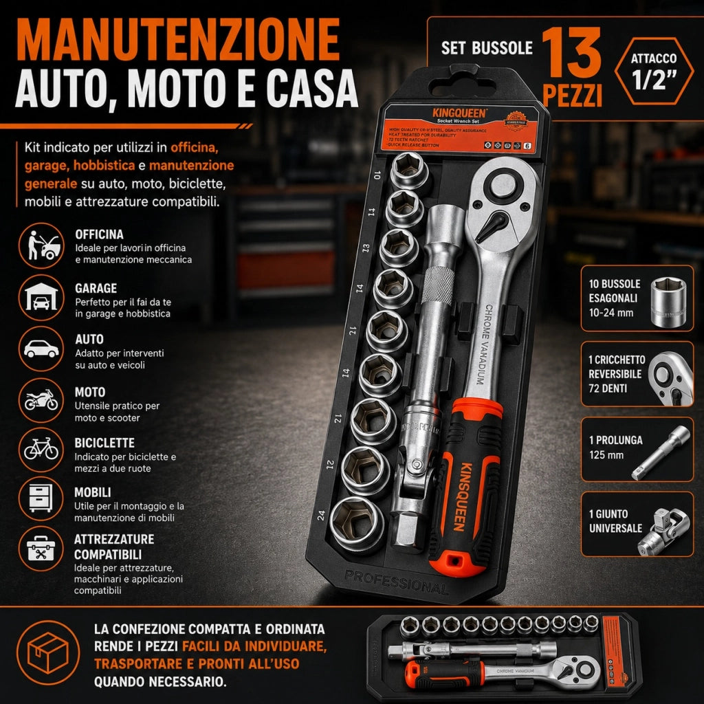 Set Chiave a Bussola  1/2" 13 Pezzi con Cricchetto Prolunga Da 10 a 24 WIB-193
