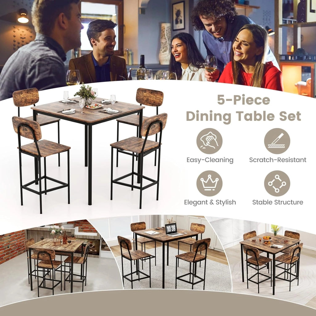 Set Tavoli da Pranzo a 5 Pezzi, Tavolo Alto e 4 Sgabelli da Bar con Poggiapiedi e Schienale, Finiture con Venature di Legno, Gambe di Metallo, Set Mobili Salvaspazio per Bar (Industriale)