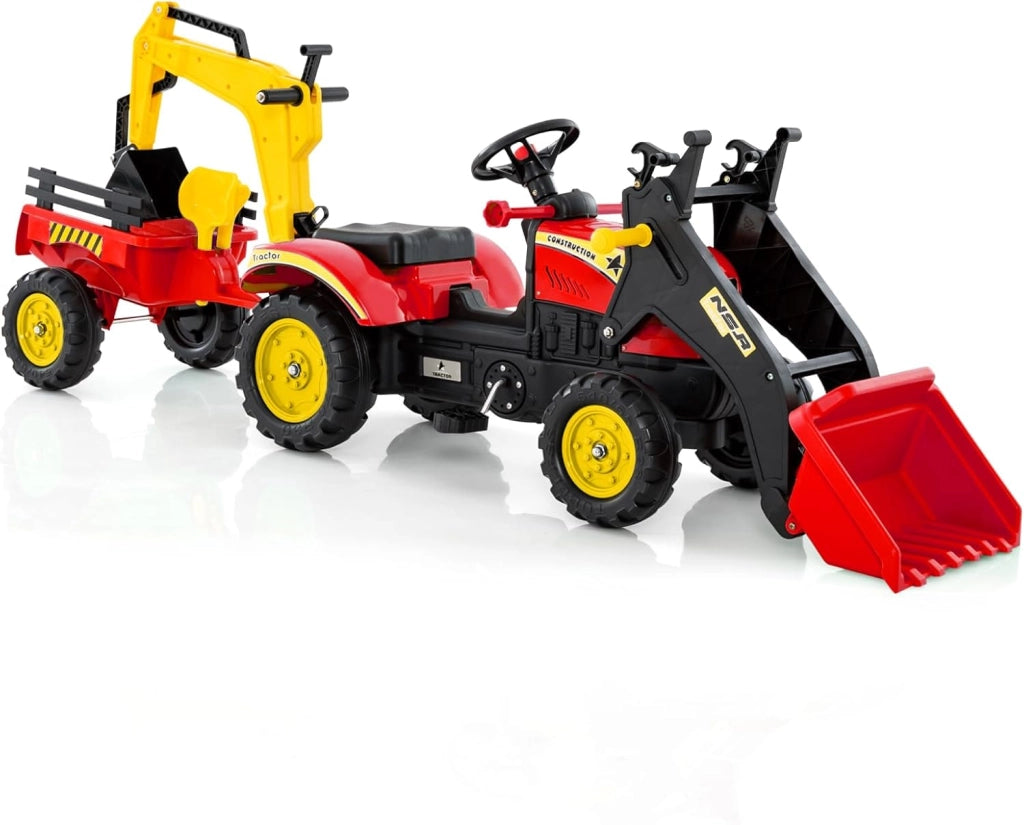 3 in 1 Escavatore per Bambini, Trattore con Rimorchio Staccabile Cavalcabile per Bambini, con 6 Ruote e 2 Benne, per 3-6 Anni (Rosso)