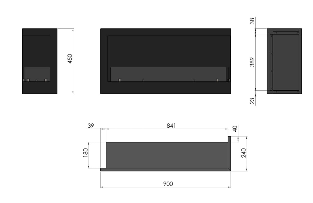 Camino a Bioetanolo da Incasso 90x45 cm Corner 900 Right Destro Nero con Vetro