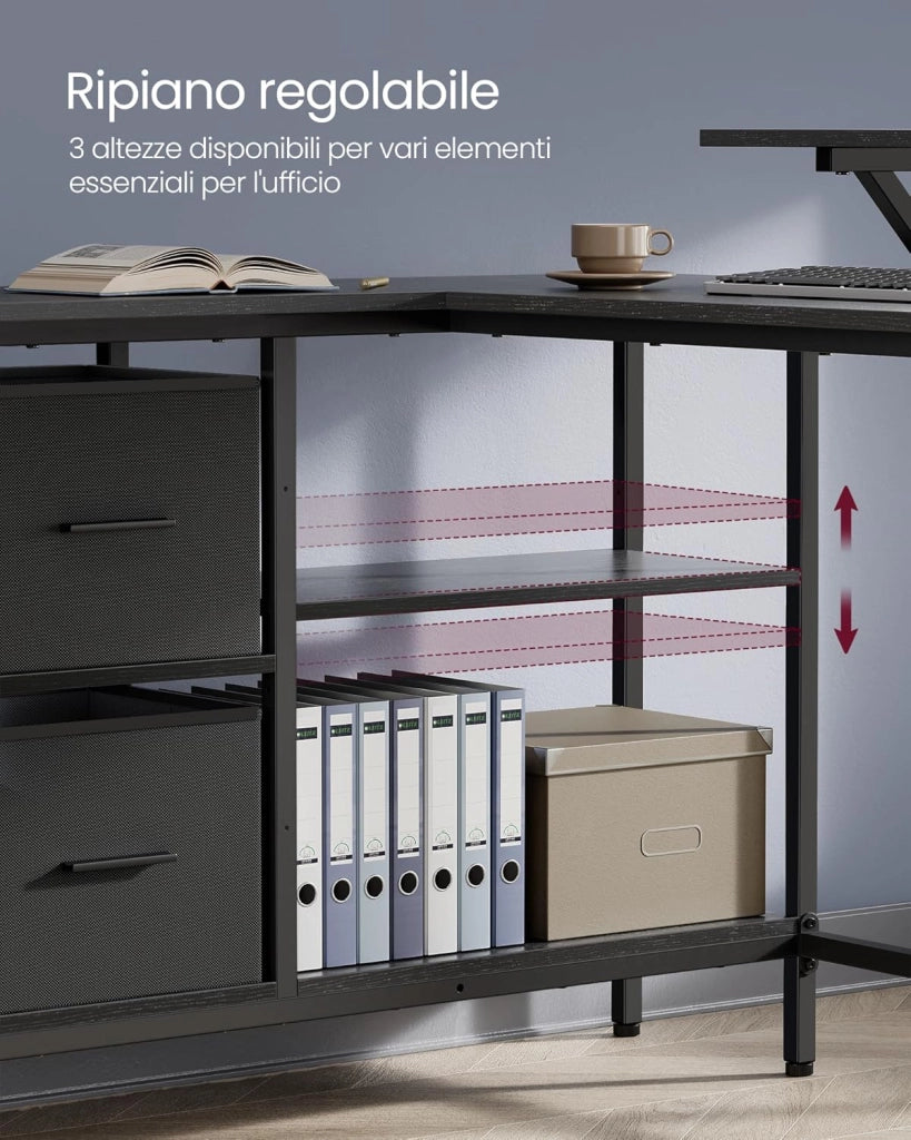 VASAGLE Scrivania per Computer a L, Scrivania ad Angolo con 2 Cassetti Spaziosi e Supporto per Monitor, Ripiano Regolabile, per Ufficio Studio, Nero Ebano LWD098B56