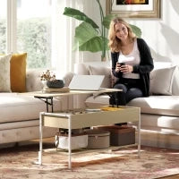 Tavolino da Caffè Sollevabile con Chiusura Morbida, Spazio Nascosto di Archiviazione e Scaffale Aperto, 95x40x59 cm, Legno Naturale e Bianco