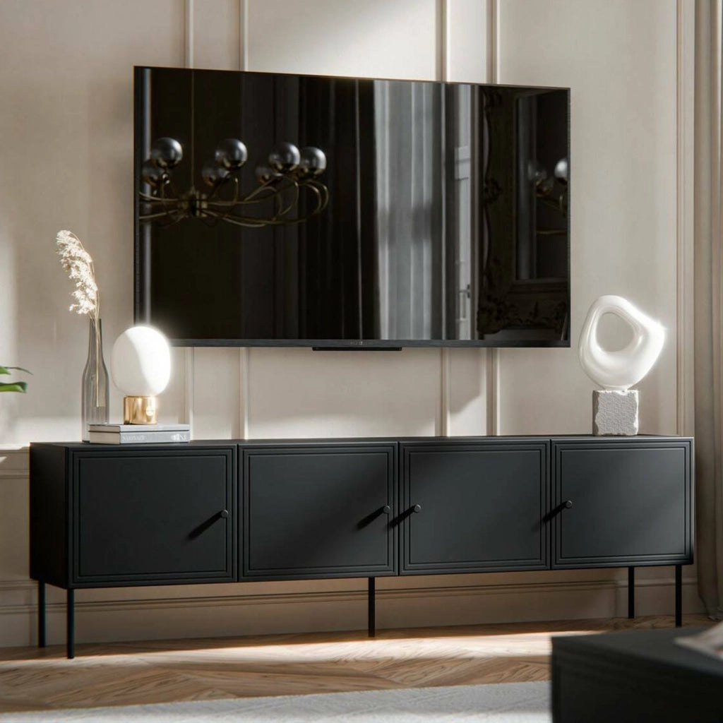 Mobile porta TV Piode, Madia da salotto con quattro ante battenti, Rialzato da terra, 201x40 h60 cm, Nero