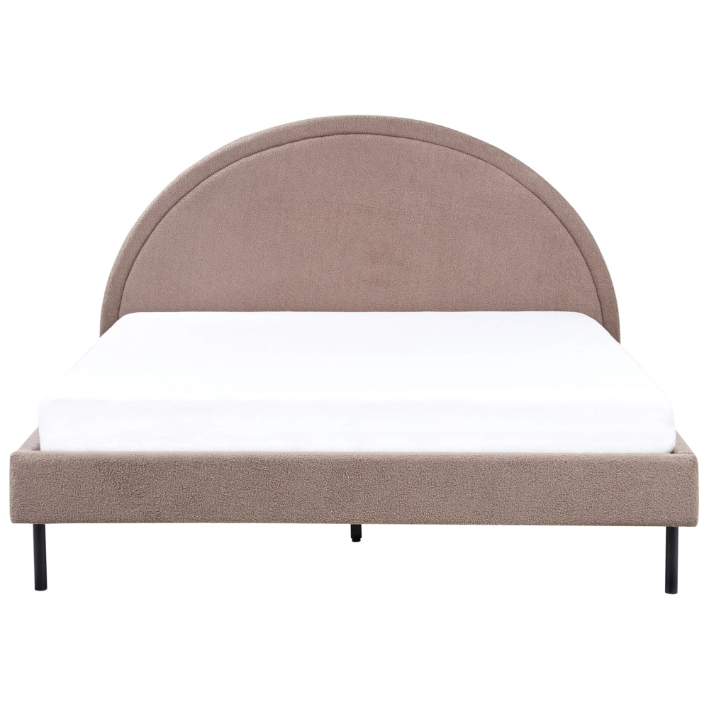Letto matrimoniale in poliestere bouclè tortora imbottito con base a doghe e testiera rotonda 160 x 200 cm minimalista retrò