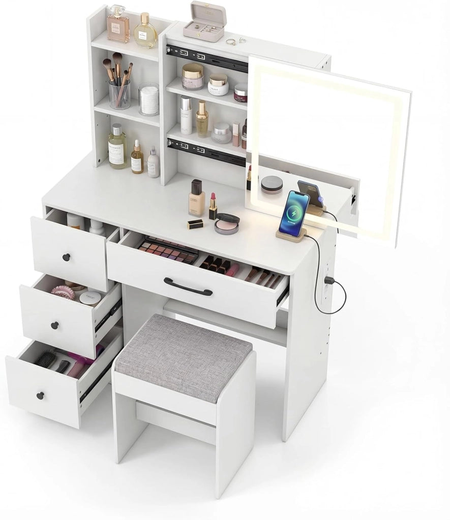 Tavolo da toeletta con illuminazione e specchio, tavolo da toeletta in legno con 4 cassetti e ripiano regolabile, tavolo da trucco con stazione di ricarica, tavolo cosmetico con sgabello per