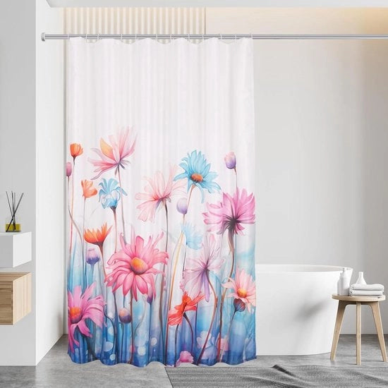 Douchegordijn Acqua-Resistente con Disegno di Fiori e Zooming Rafforzato - Antimuffa - Polyester - Lavabile - Per Bagno - Con Anelli - 180 cm