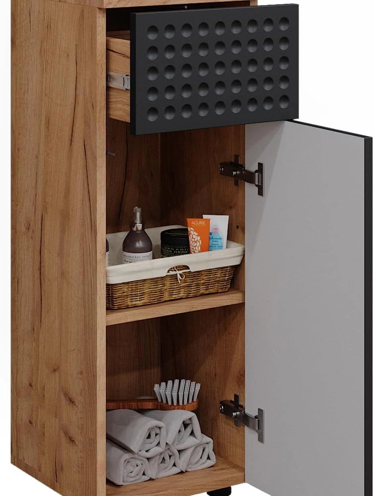 Mobile midi Irma, Antracite puntinato, 30 x 81 cm con 1 cassetto, 2 scomparti, bagno, per la conservazione in bagno, abbinabile alla serie Irma