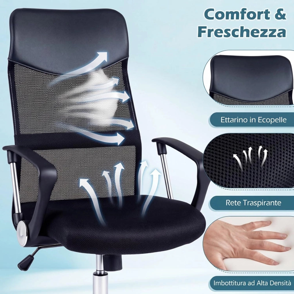 Sedia da Ufficio Girevole, Schienale Ergonomico | Altezza Regolabile, Poltrona Scrivania in Rete, Braccioli Curvi, Ruote, per Casa Studio