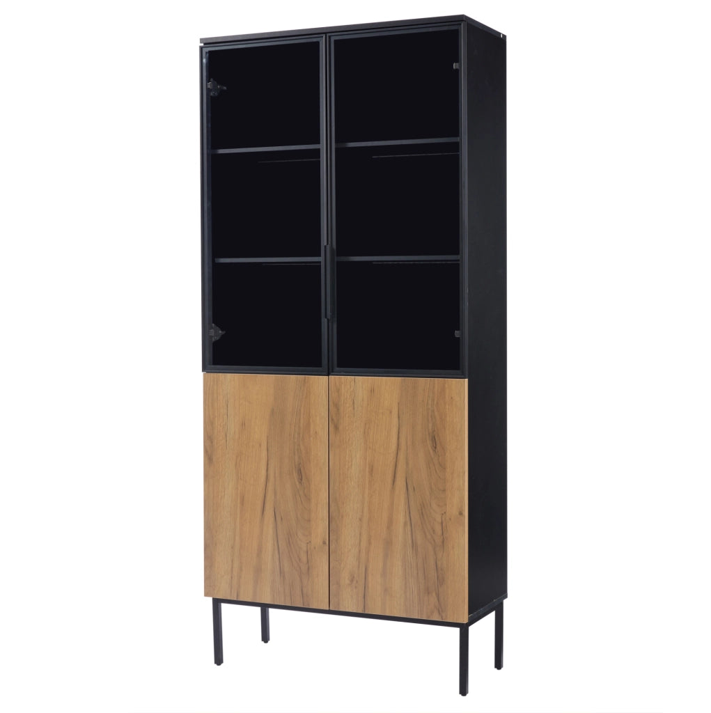 Vetrina in vetro 74x31x180 cm nera e rovere con LED per libri e oggetti