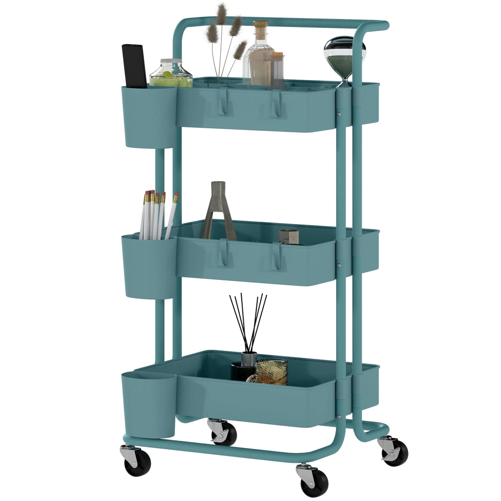 Carrello a 3 livelli con 4 ganci e 3 contenitori sospesi ¨C zephmum ¨C 42x38x86,5 cm blu-verde