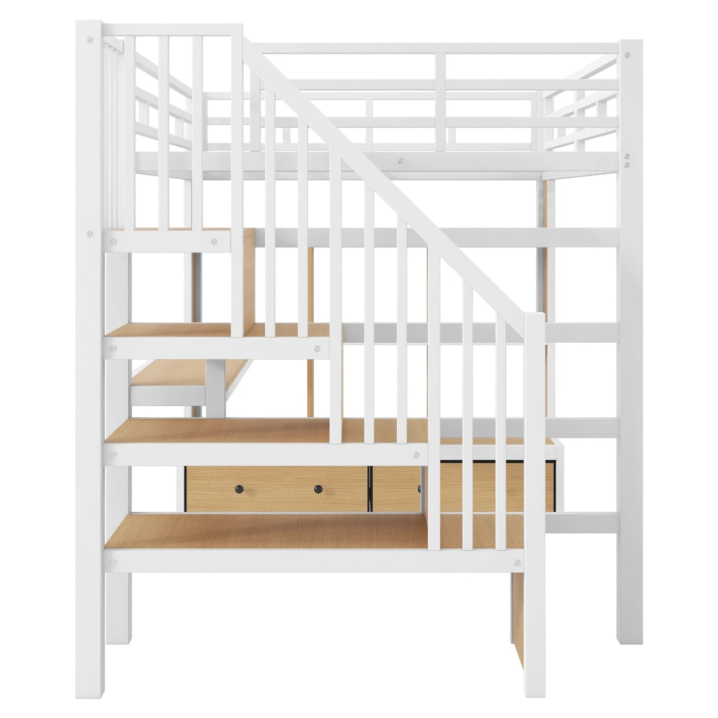 Letto a soppalco 140x200 cm con scrivania; mensole; cassetti e LED; bianco