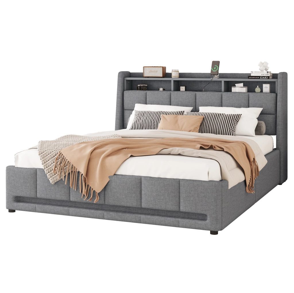 Letto imbottito 140x200 cm con LED, USB, vani e 2 cassetti grigio