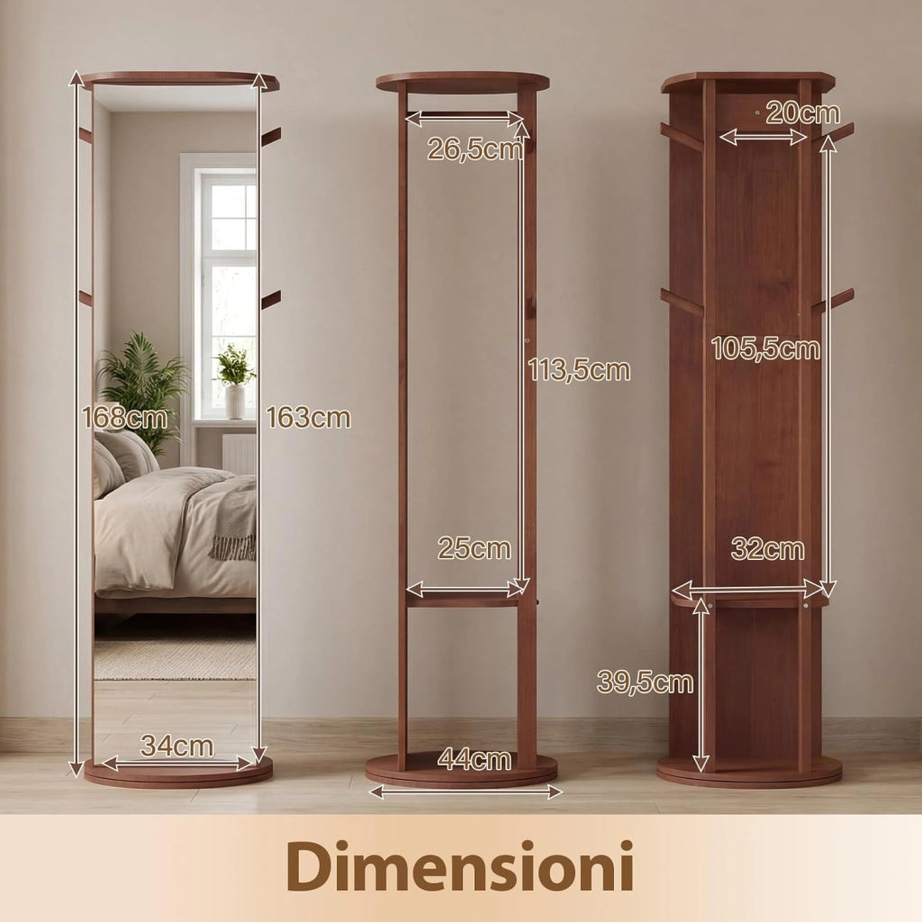 Appendiabiti Girevole a 360° con Specchio, Specchio a Figura Intera da Terra con Ripiani e Ganci, Appendiabiti per Soggiorno, Camera da Letto e Guardaroba (Stile 3)