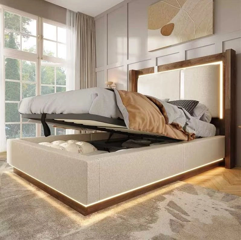 Letto imbottito 90x200 con rete, LED, cassettone idraulico e testiera 60 cm, stile rétro grigio