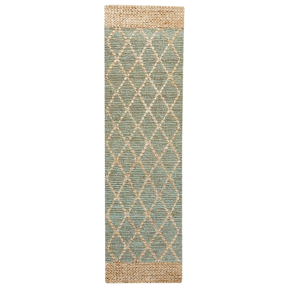 Tappeto Runner Verde e Beige Juta 80 x 300 cm Motivo geometrico Tessuto a mano Boho Corridoio Camera da letto