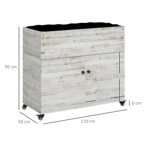 Fioriera rialzata in legno con vano contenitore e ruote 110x50x95 cm bianca
