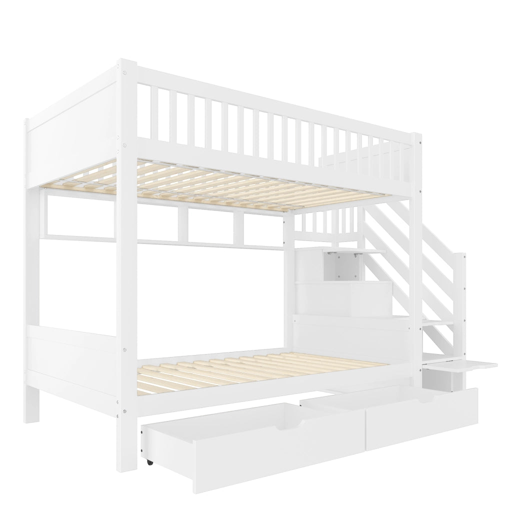 Letto a castello 90x200 cm con scala contenitore e armadio bianco