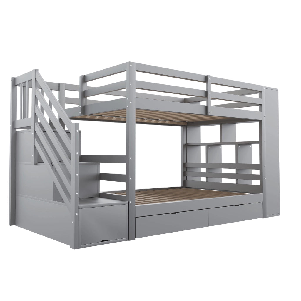 Letto a castello; 90x200cm; con scale di sicurezza; cassetti di deposito; armadietti; grigio