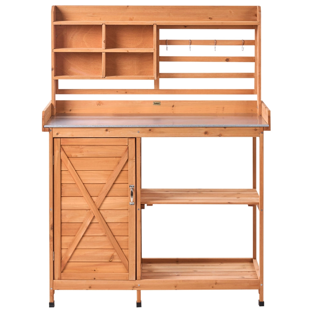 Tavolo da giardinaggio con spazio di archiviazione 113 x 46 x 148 cm Legno di abete marrone chiaro Piano di lavoro in ferro