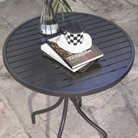 Tavolo da Giardino Rotondo con Piano a Doghe in Acciaio, Ø66x71.5cm, Nero