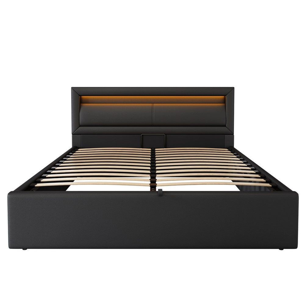 Letto Imbottito con LED e Contenitore ¨C Xylo ¨C Similpelle Nero 140x190