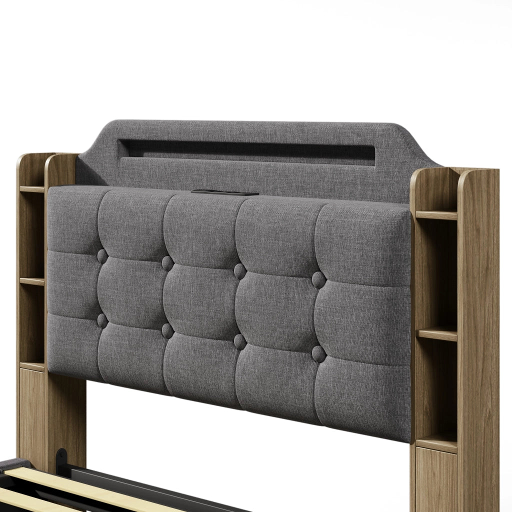Letti contenitori 140x200 cm con luci LED e vano contenitore; lino; grigio (Senza materasso)