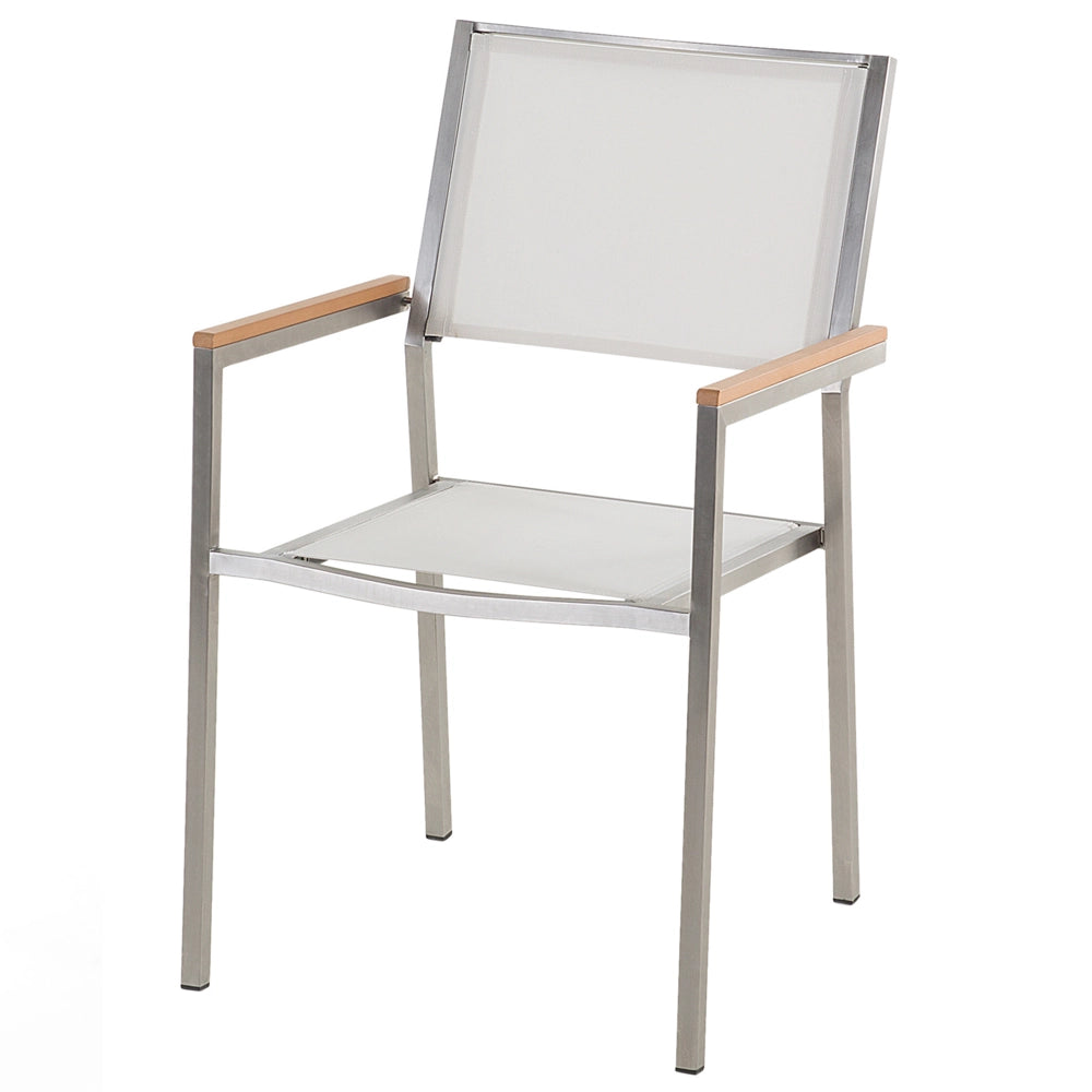 Set di 4 Sedie da Pranzo da Giardino Seduta in Tessuto Bianco e Argento Gambe in Acciaio Inox Impilabili da Esterno