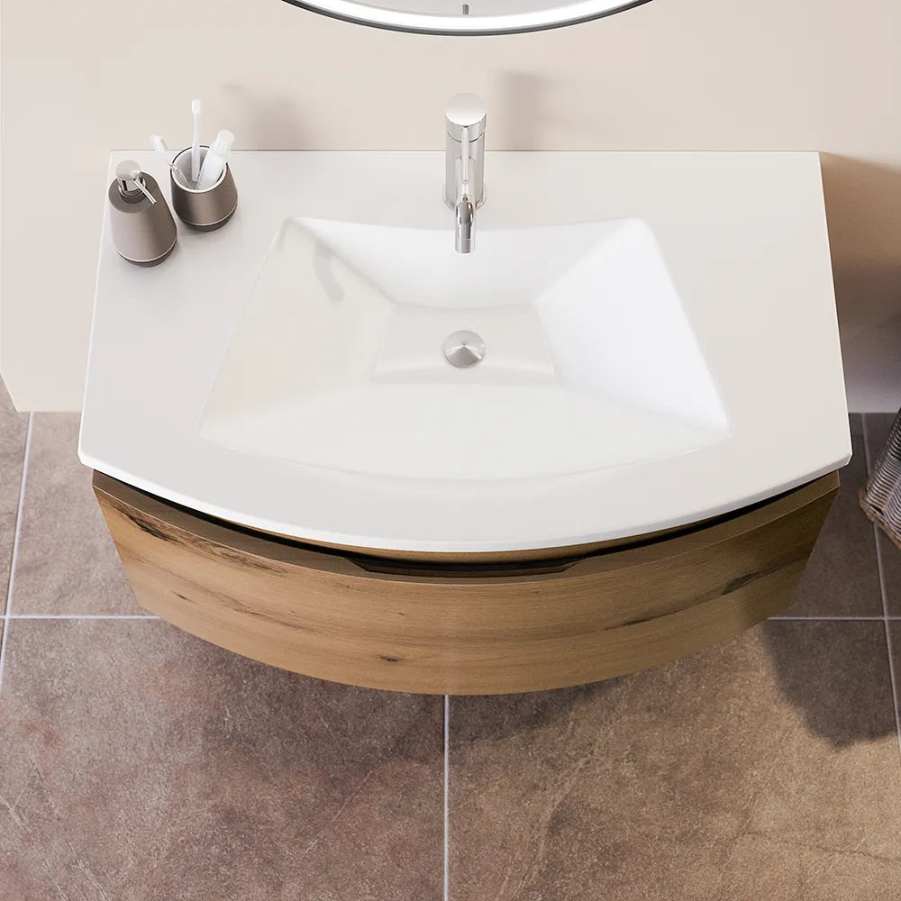 Mobile sospeso 100 cm rovere oro con un cassetto e lavabo in ceramica, frontale curvo | Lula