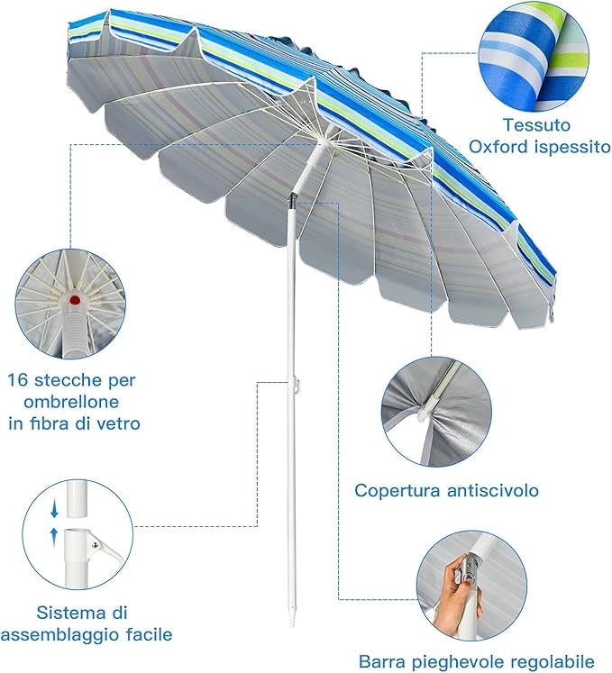 Ombrellone da Spiaggia 2,43 m, Ombrellone Portatile da Esterno con Borsa di Trasporto, con Protezione Solare, Ideale per Spiaggia, Balcone, Giardino（Blu)