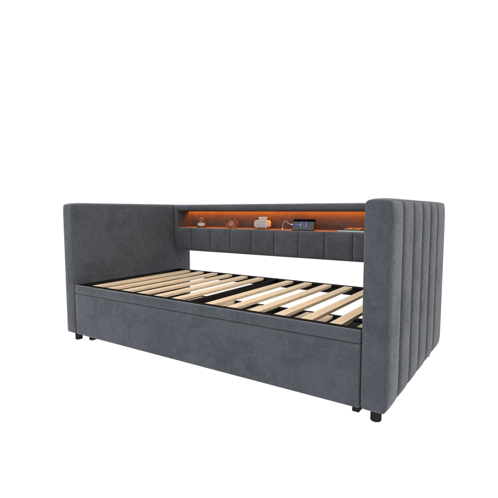 Letto estraibile 90x190 cm con LED e USB-Type-C in velluto grigio scuro