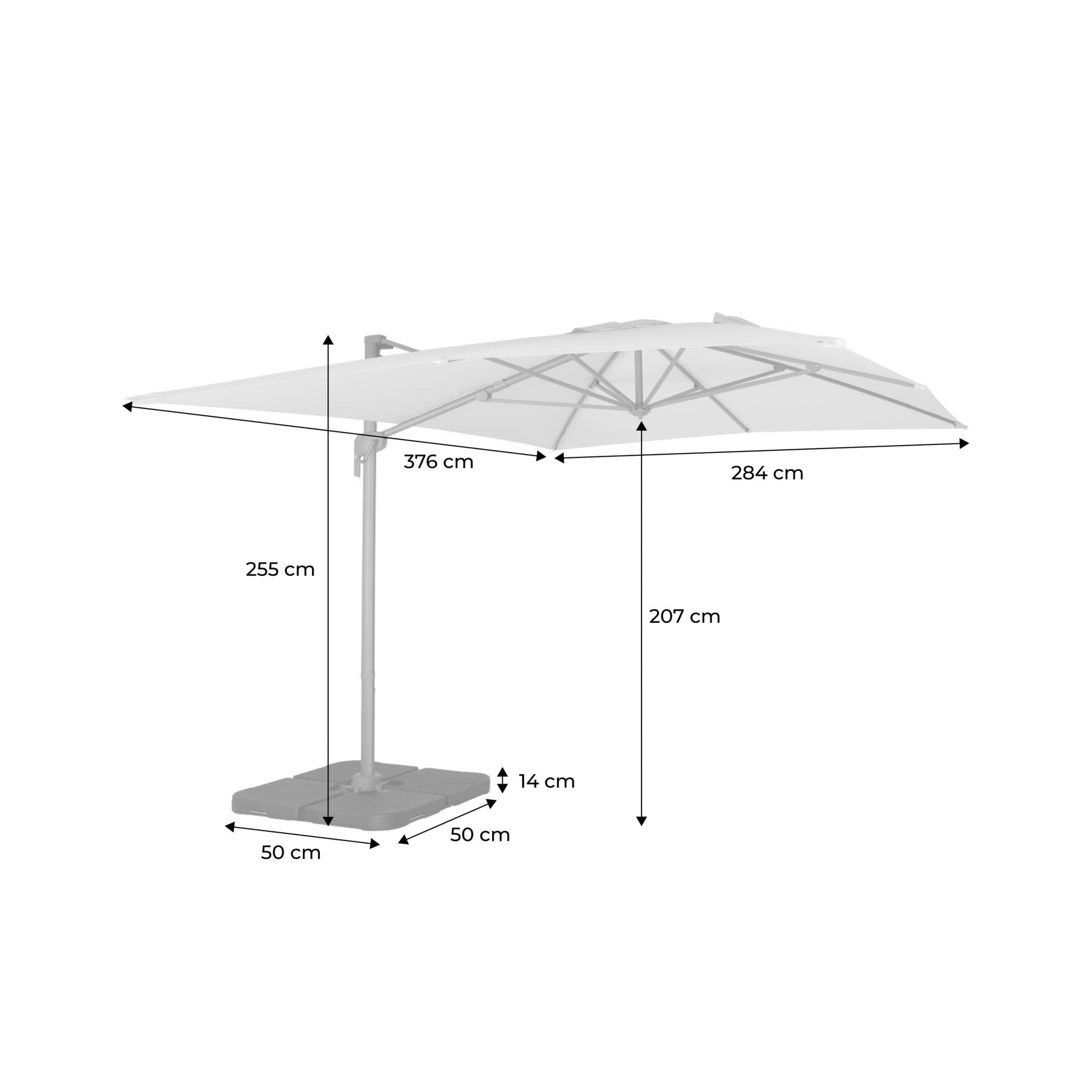 Ombrellone decentrato rettangolare 3x4m + piastre di zavorra 50x50cm,