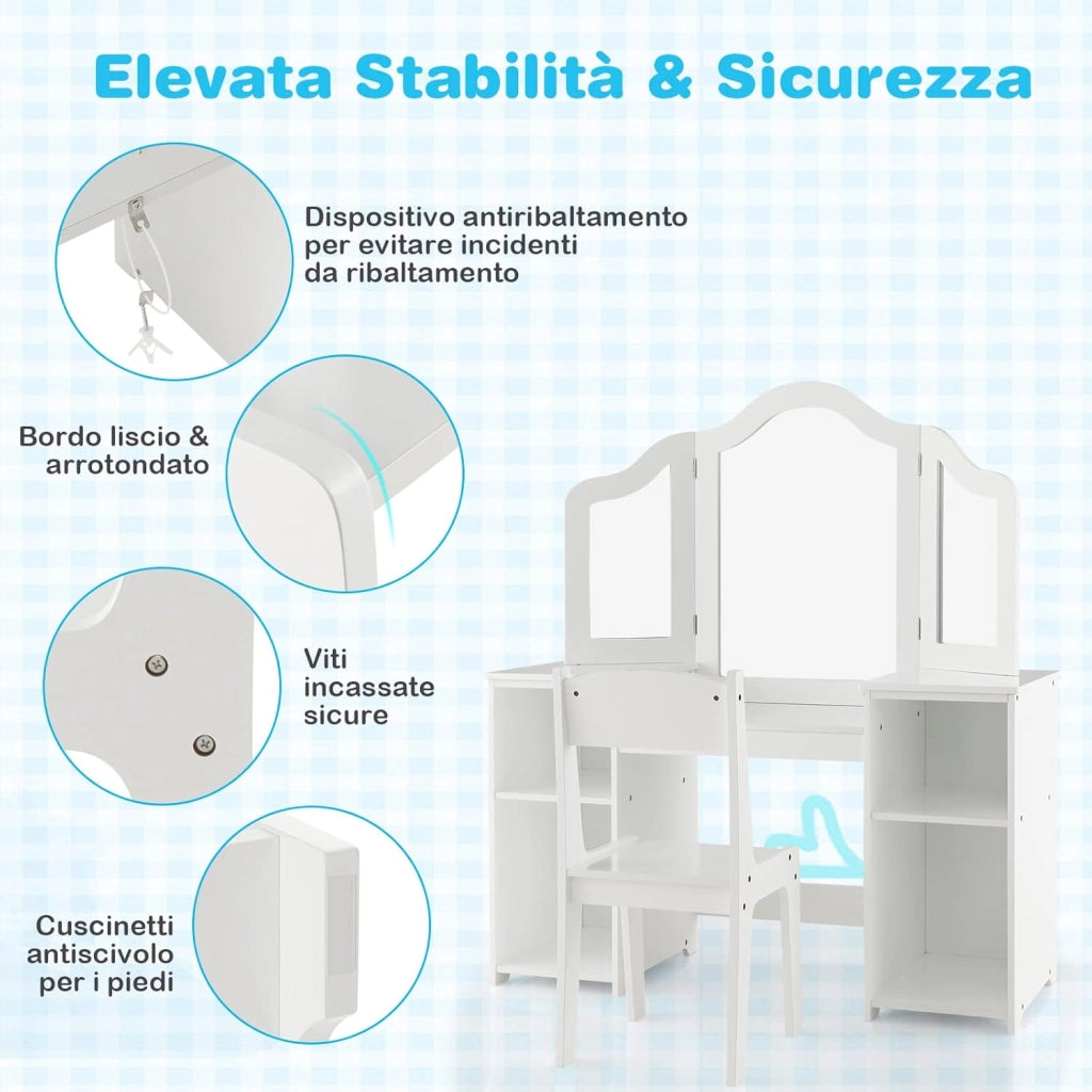 Toeletta Trucco 2 in 1 per Bambina, Specchiera Staccabile per Ragazza in Legno Robusto con 4 Scomparti, Sgabello e Specchio, Postazione Trucco per 3 Anni, 104 x 40 x 117 cm(Bianco)