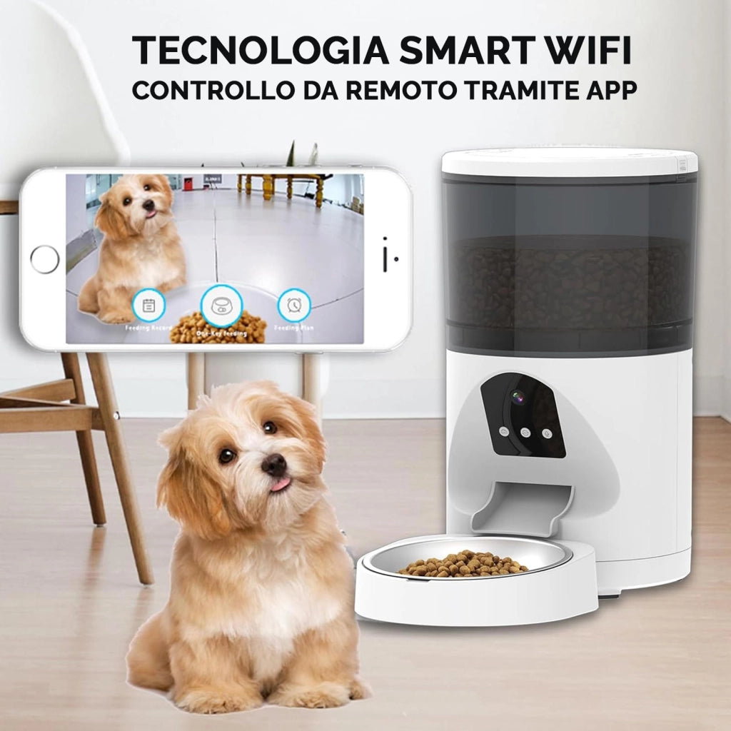 Erogatore dispenser distributore automatico cibo SMART WiFi per animali cani gatti controllo remoto da APP telecamera HD