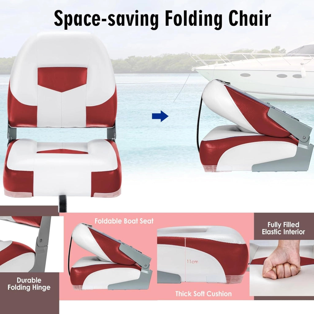 Sedile Barca con Schienale Pieghevole, Sedia da Barca Ergonomica in PVC e PP, Portata Fino a 110 kg, 50x52x42 cm (Rosso)