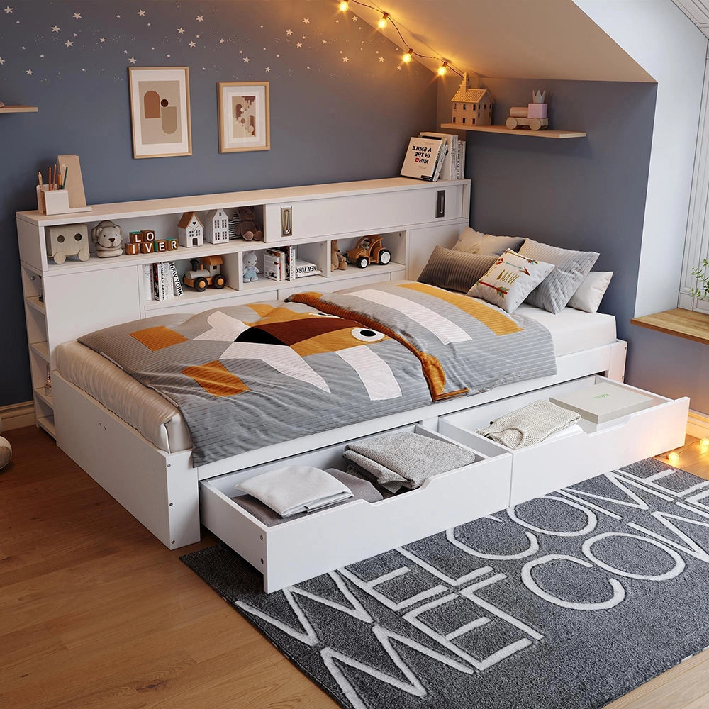 Letto giorno-Xylo-140x190cm multifunzione cassetti armadio bianco