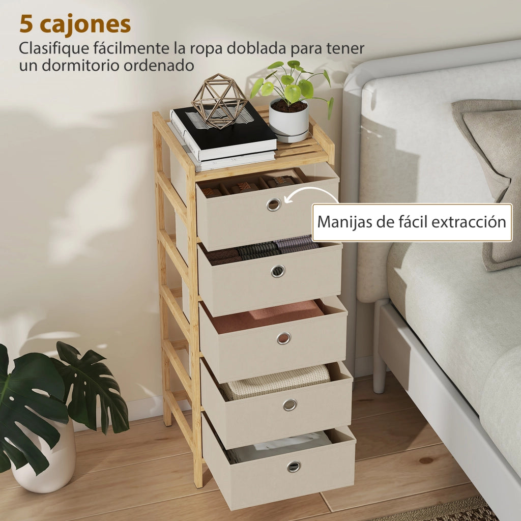 Cassettiera 5 Cassetti Tessuto Bamb¨´ ¨C Xylo ¨C Crema Naturale Struttura Legno Mobile Multiuso