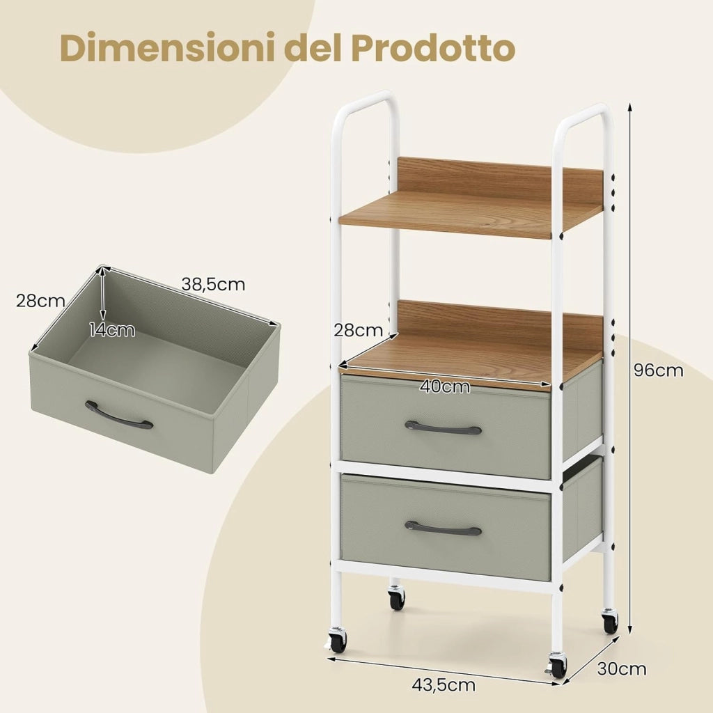 Carrello Mobile con Rotelle, Supporto per Stampante con 2 Ripiani Aperti e 2 Cassetti in Tessuto, Organizer Multiuso con 4 Ruote per Camera da Letto, Ufficio e Cucina